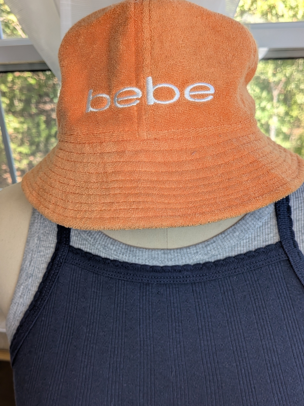 Bebe Sport Orange Terry Cloth Bucket Hat White Embroidered Logo Y2K Beach